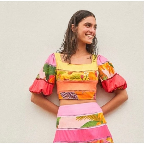 FARM RIO Tiered Top Rainbow Mixed Print Cropped Linen Multicolor Puff Sleeve Sm - Picture 8 of 13